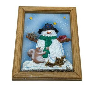 3D Snowman Framed Art W/Squirrel Cloth Nose Christmas Wall  Picture 11”